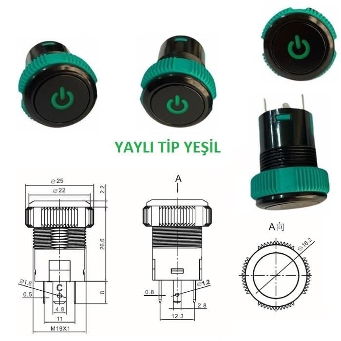 Buton Yuvarlak Yeşil Işıklı 19mm On Off  3 Pin 20a 12v IPS19-10T-G ( Yaylı Tip )