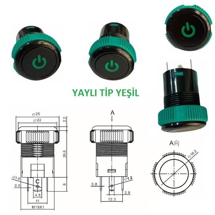 Buton Yuvarlak Yeşil Işıklı 19mm On Off  3 Pin  24v IPS19-10T-G ( Yaylı Tip )