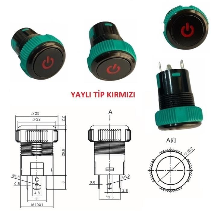 Buton Yuvarlak Kırmızı Işıklı 19mm On Off  3 Pin 20a 12v IPS19-10T-R ( Yaylı Tip )