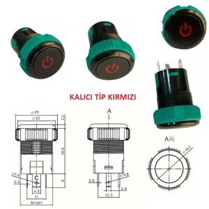 Anahtar Yuvarlak Kırmızı Işıklı 19mm On Off  3 Pin 20a 12v IPS19-10ZT-R ( Kalıcı Tip )