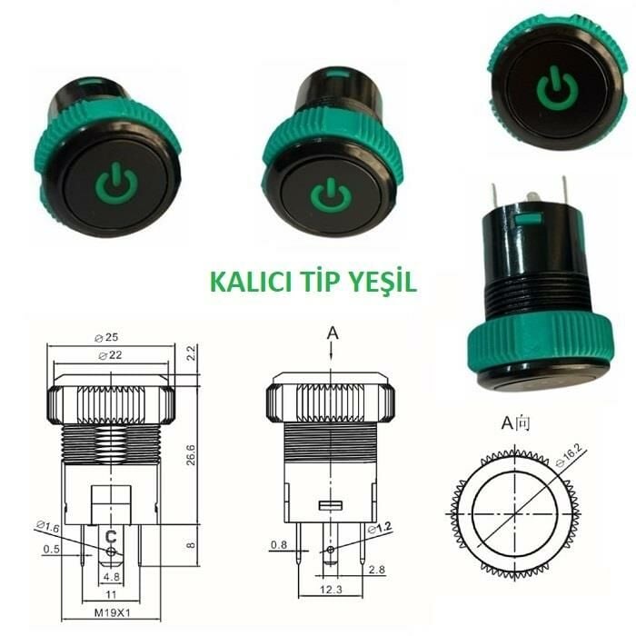 Anahtar Yuvarlak Yeşil Işıklı 19mm On Off  3 Pin 20a 12v IPS19-10ZT-G ( Kalıcı Tip )