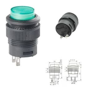 Buton Yeşil Yuvarlak 16mm Ø R16-503B 2 Pim Işıksız ( Yaylı Tip )