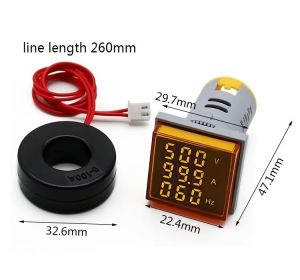 Dijital Voltmetre / AC Ampermetre / Hertz metre 22mm Kare Kırmızı (20-500v/0-100a/0-99hz)