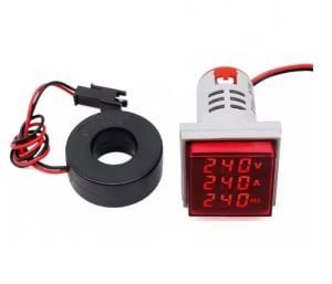 Dijital Voltmetre / AC Ampermetre / Hertz metre 22mm Kare Kırmızı (20-500v/0-100a/0-99hz)