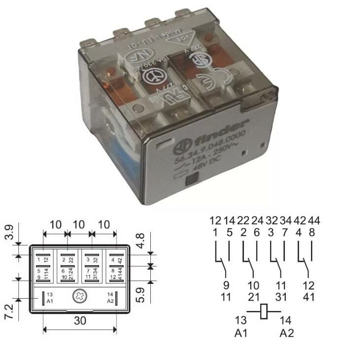 Finder Röle 56.34.9.048.0000 48v 12a Dc 4 Kontak  Test Butonu ve Hata Göstergeli