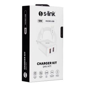 S-link SL-EC50 12w Hızlı Şarj 5V 2400MA Micro Kablolu 2 USB Çıkışlı Beyaz Ev Şarj Adaptörü