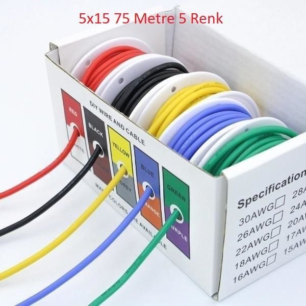 24 AWG 0,50mm Çok Damarlı Montaj Kablosu Seti - 5 Renk 15 Metre Toplam 75 Metre ( Y M S S K )