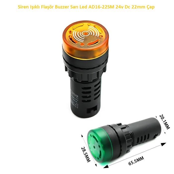 Siren Işıklı Flaşör Buzzer Sarı Led AD16-22SM 24v Dc 22mm Çap