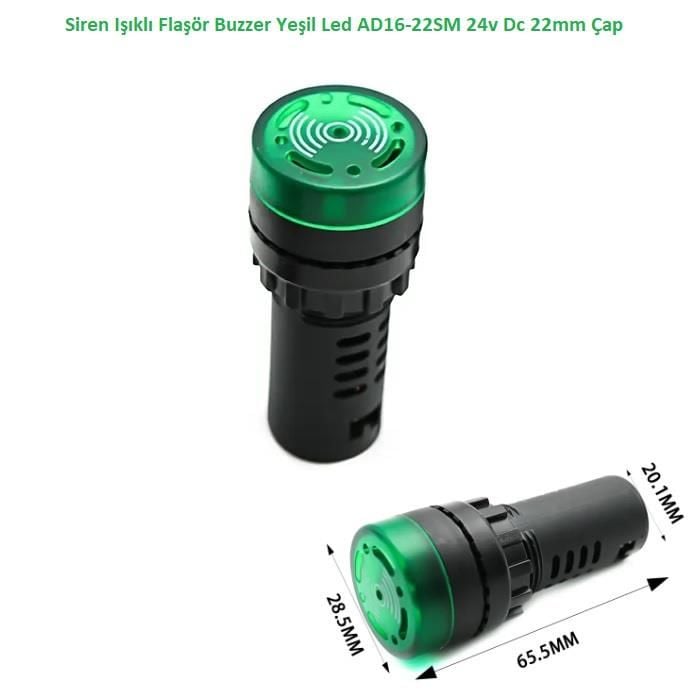 Siren Işıklı Flaşör Buzzer Yeşil Led AD16-22SM 24v Dc 22mm Çap