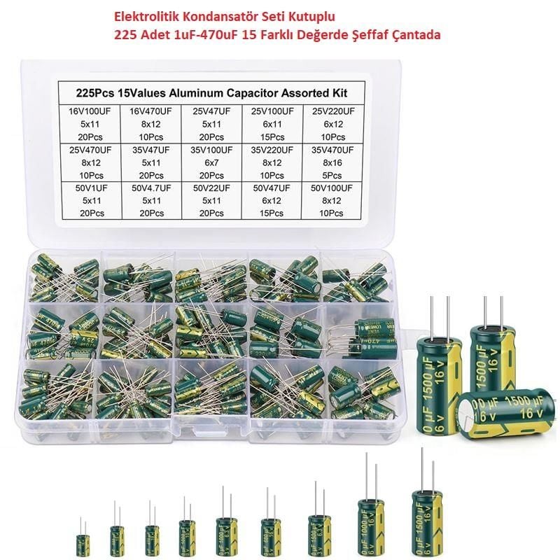 Elektrolitik Kondansatör Seti Kutuplu 225 Adet 1uF-470uF 15 Farklı Değerde Şeffaf Çantada