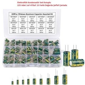 Elektrolitik Kondansatör Seti Kutuplu 225 Adet 1uF-470uF 15 Farklı Değerde Şeffaf Çantada