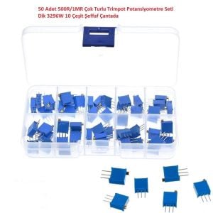 50 Adet 500R/1MR Çok Turlu Trimpot Potansiyometre Seti Dik 3296W 10 Çeşit Şeffaf Çantada