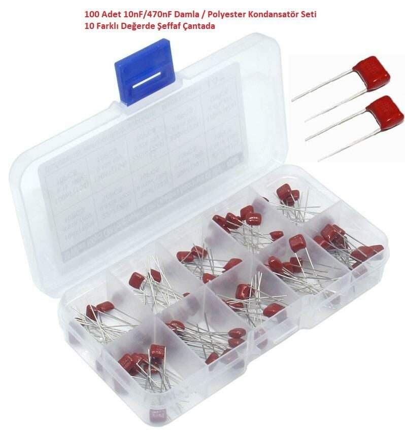 100 Adet 10nF/470nF Damla / Polyester Kondansatör Seti 10 Farklı Değerde Şeffaf Çantada