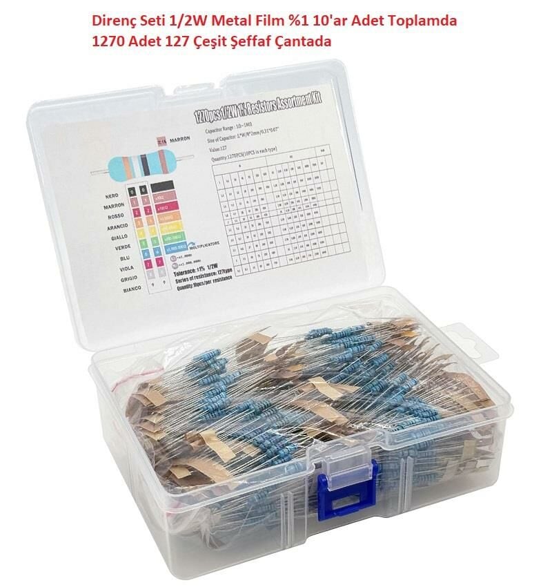 Direnç Seti 1/2W Metal Film %1 10'ar Adet Toplamda 1270 Adet 127 Çeşit Şeffaf Çantada