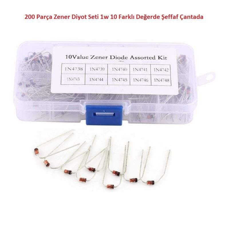 200 Parça Zener Diyot Seti 1w 10 Farklı Değerde Şeffaf Çantada