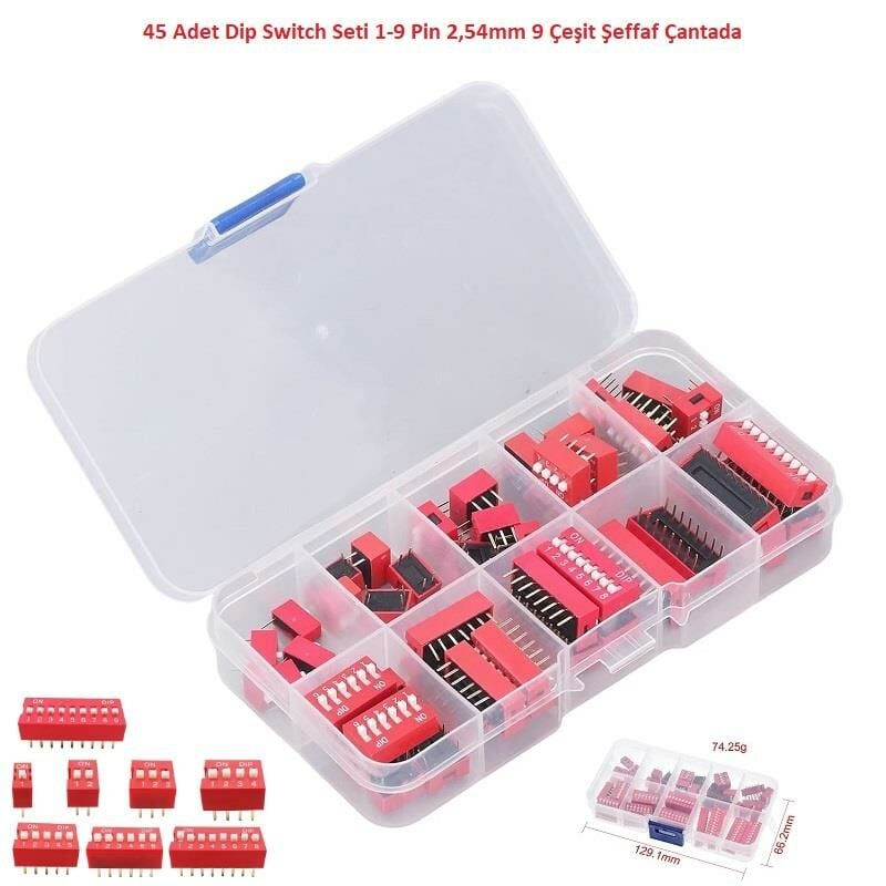 45 Adet Dip Switch Seti 1-9 Pin 2,54mm 9 Çeşit Şeffaf Çantada