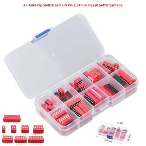 45 Adet Dip Switch Seti 1-9 Pin 2,54mm 9 Çeşit Şeffaf Çantada