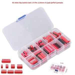 45 Adet Dip Switch Seti 1-9 Pin 2,54mm 9 Çeşit Şeffaf Çantada