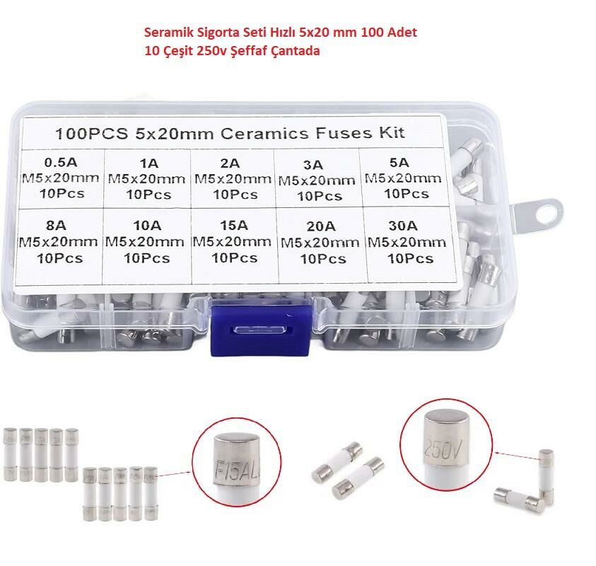 Seramik Sigorta Seti Hızlı 5x20 mm 100 Adet 10 Çeşit 250v Şeffaf Çantada