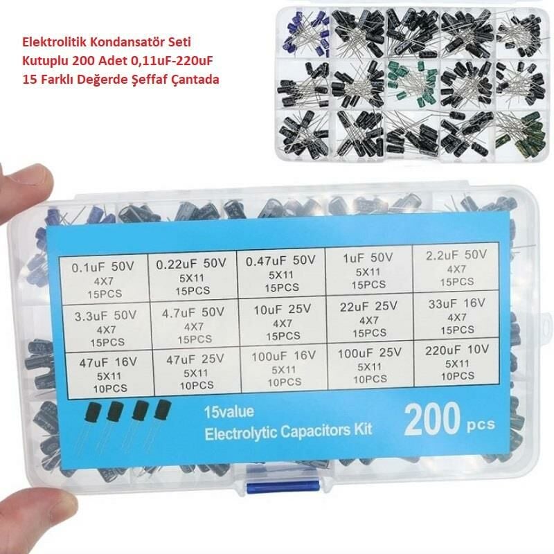 Elektrolitik Kondansatör Seti Kutuplu 200 Adet 0,11uF-220uF 15 Farklı Değerde Şeffaf Çantada