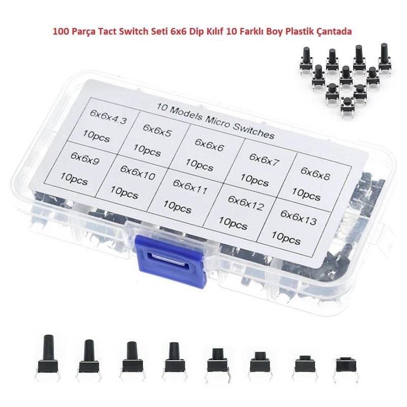 100 Parça Tact Switch Seti 6x6 Dip Kılıf 10 Farklı Boy Plastik Çantada