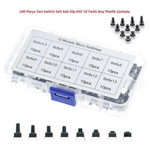 100 Parça Tact Switch Seti 6x6 Dip Kılıf 10 Farklı Boy Plastik Çantada