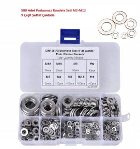 580 Adet Paslanmaz Rondela Seti M2-M12 9 Çeşit Şeffaf Çantada