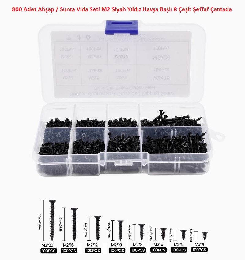 800 Adet Ahşap / Sunta Vida Seti M2 Siyah Yıldız Havşa Başlı 8 Çeşit Şeffaf Çantada
