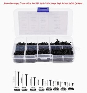 800 Adet Ahşap / Sunta Vida Seti M2 Siyah Yıldız Havşa Başlı 8 Çeşit Şeffaf Çantada