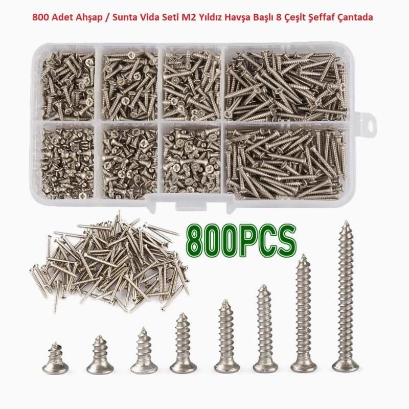 800 Adet Ahşap / Sunta Vida Seti M2 Yıldız Havşa Başlı 8 Çeşit Şeffaf Çantada