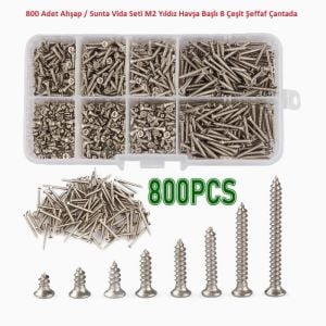 800 Adet Ahşap / Sunta Vida Seti M2 Yıldız Havşa Başlı 8 Çeşit Şeffaf Çantada