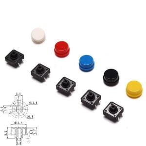 50 Parça Tact Switch Buton Seti 12x12 7,3mm Kare Dip Kılıf ve 5 Renk Kapak Plastik Çantada
