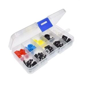 50 Parça Tact Switch Buton Seti 12x12 7,3mm Kare Dip Kılıf ve 5 Renk Kapak Plastik Çantada