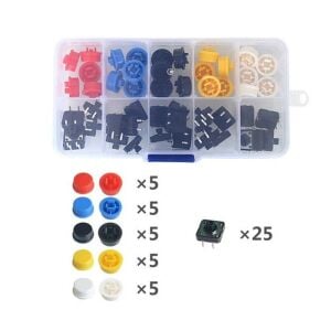 50 Parça Tact Switch Buton Seti 12x12 7,3mm Kare Dip Kılıf ve 5 Renk Kapak Plastik Çantada