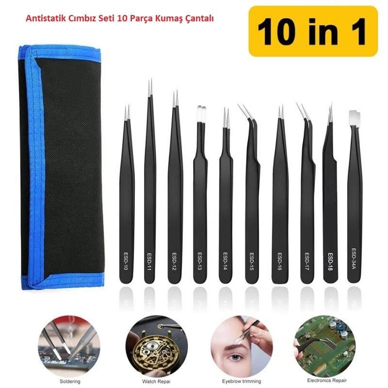 Antistatik Cımbız Seti 10 Parça Kumaş Çantalı