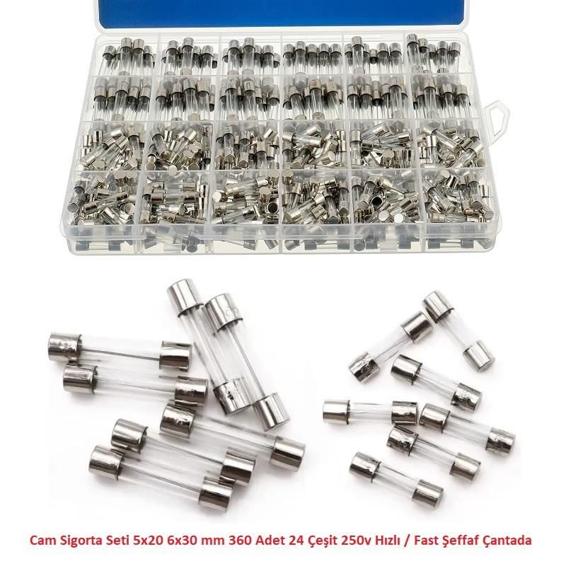 Cam Sigorta Seti 5x20 6x30 mm 360 Adet 24 Çeşit 250v Hızlı / Fast Şeffaf Çantada
