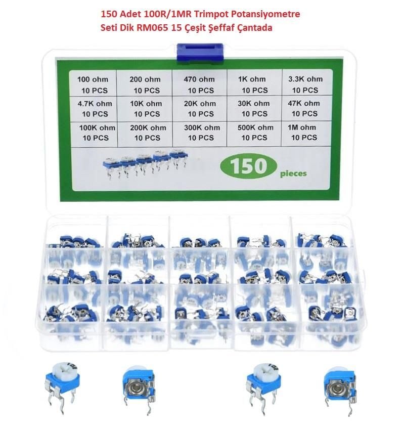 150 Adet 100R/1MR Trimpot Potansiyometre Seti Dik RM065 15 Çeşit Şeffaf Çantada