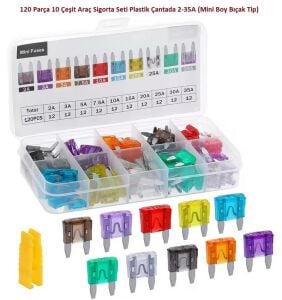 120 Parça 10 Çeşit Araç Sigorta Seti Plastik Çantada 2-35A (Mini Boy Bıçak Tip)