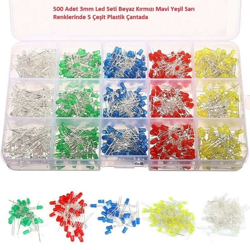 500 Adet 3mm Led Seti Beyaz Kırmızı Mavi Yeşil Sarı Renklerinde 5 Çeşit Plastik Çantada