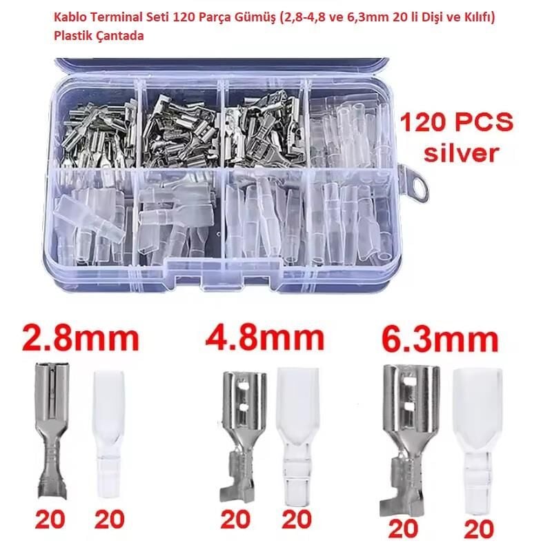 Kablo Terminal Seti 120 Parça Gümüş ( 2,8-4,8 ve 6,3mm 20 li Dişi ve Kılıfı  ) Plastik Çantada