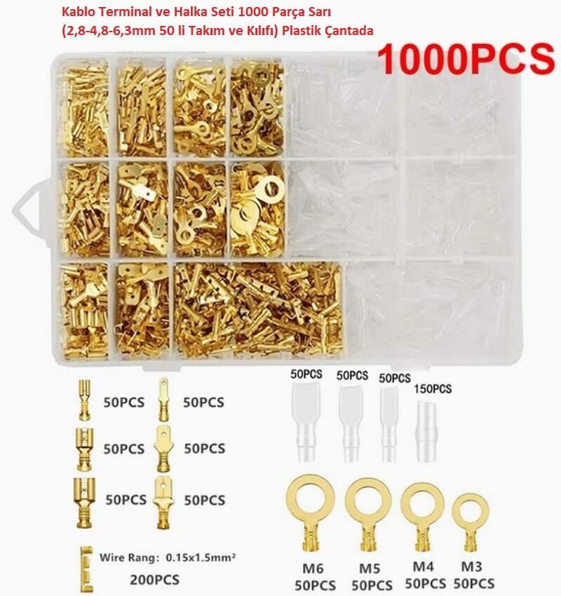 Kablo Terminal ve Halka Seti 1000 Parça Sarı (2,8-4,8-6,3mm 50 li Takım ve Kılıfı) Plastik Çantada