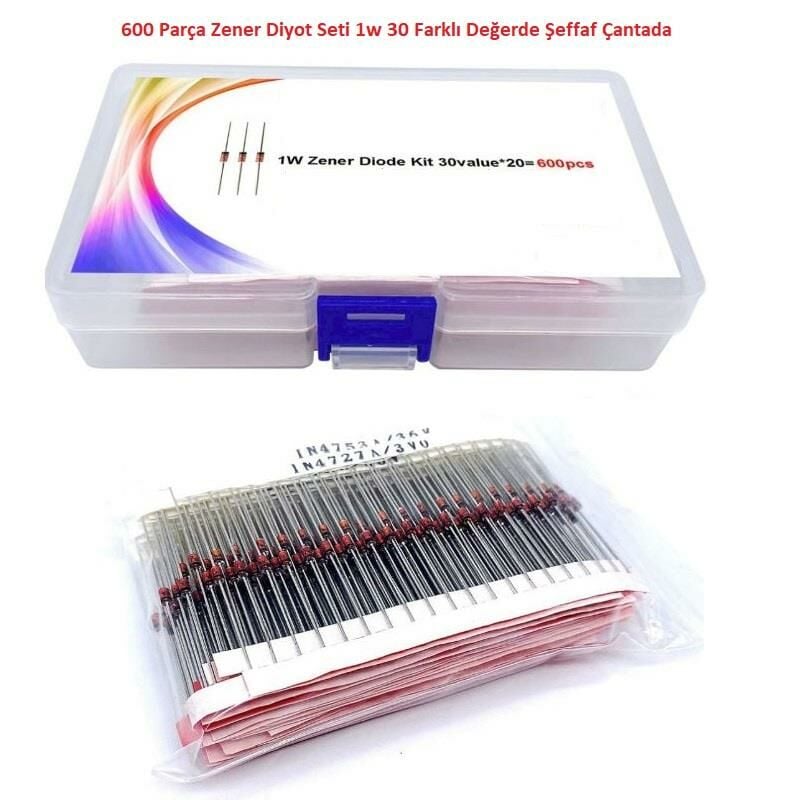 600 Parça Zener Diyot Seti 1w 30 Farklı Değerde Şeffaf Çantada