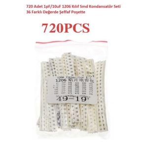 720 Adet 1pF/10uF 1206 Kılıf Smd Kondansatör Seti 36 Farklı Değerde Şeffaf Poşette