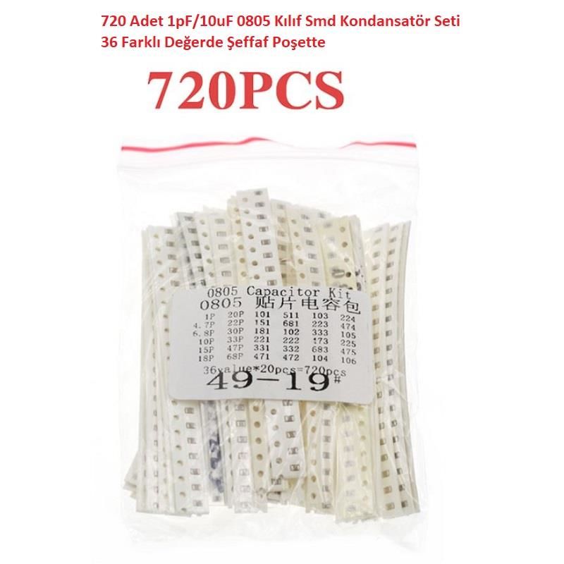 720 Adet 1pF/10uF 0805 Kılıf Smd Kondansatör Seti 36 Farklı Değerde Şeffaf Poşette