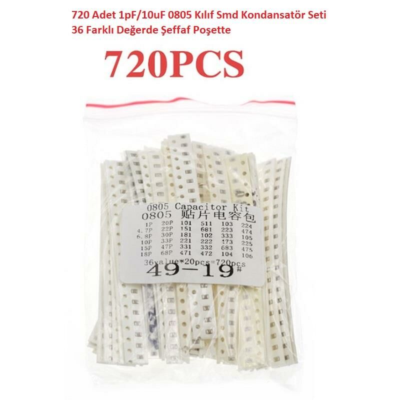 720 Adet 1pF/10uF 0805 Kılıf Smd Kondansatör Seti 36 Farklı Değerde Şeffaf Poşette