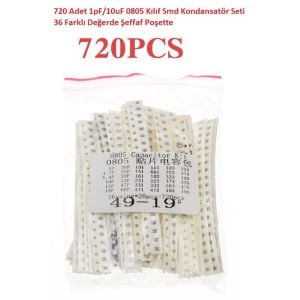 720 Adet 1pF/10uF 0805 Kılıf Smd Kondansatör Seti 36 Farklı Değerde Şeffaf Poşette