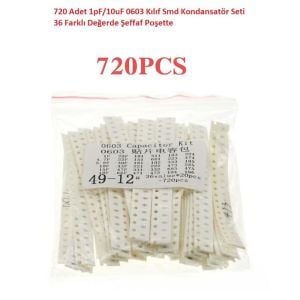 720 Adet 1pF/10uF 0603 Kılıf Smd Kondansatör Seti 36 Farklı Değerde Şeffaf Poşette