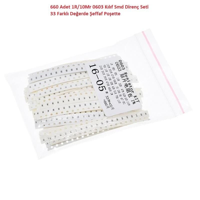 660 Adet 1R/1Mr 0603 Kılıf Smd Direnç Seti %1 33 Farklı Değerde Şeffaf Poşette