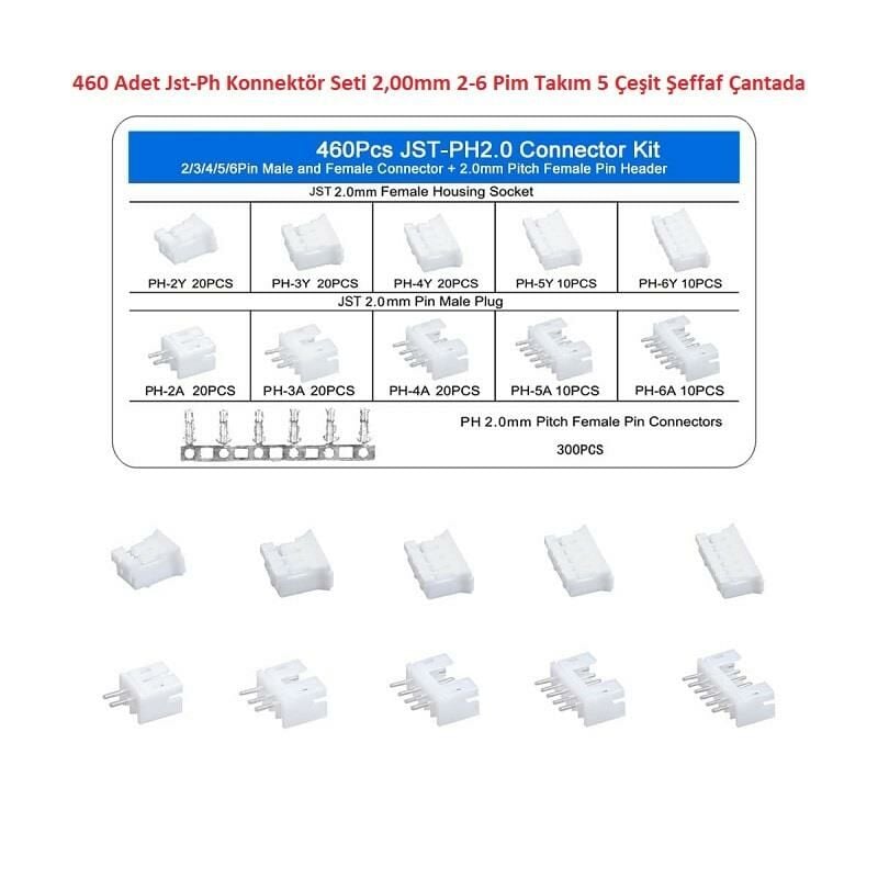 460 Adet Jst-Ph Konnektör Seti 2,00mm 2-6 Pim Takım 5 Çeşit Şeffaf Çantada