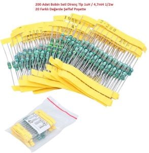 200 Adet Bobin Seti Direnç Tip 1uH / 4,7mH 1/2w 20 Farklı Değerde Şeffaf Poşette